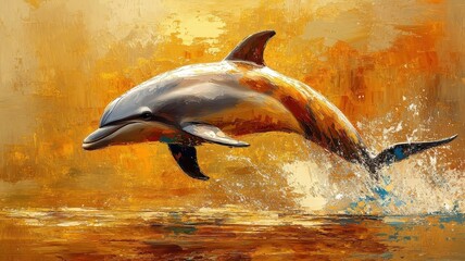 Fototapeta premium A dolphin depicted in oil painting style, showcasing smooth brushstrokes and rich colors to highlight its graceful form.