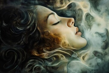 Surreal portrait of a woman immersed in a dreamlike atmosphere, her face surrounded by swirling smoke and thoughts, creating a mesmerizing visual