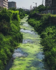 Overgrown Urban Canal with Algae Bloom in Summer, Cityscape Background.