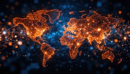 Global network connections, digital world map, glowing nodes, dark background, data visualization