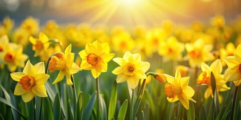 Fototapeta premium A field of bright yellow daffodil flowers swaying gently in the breeze on a sunny spring day, blooming, landscape, blooming