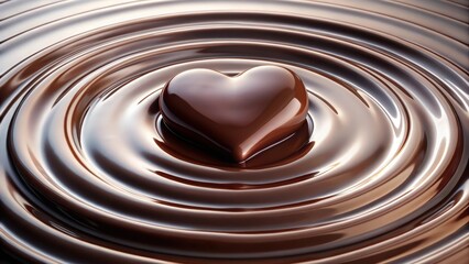 Dark brown chocolate melts on a white background, forming a heart shape surrounded by concentric ripples in a circular motion , texture, chocolate