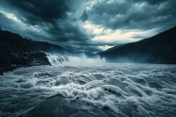 Fototapeta premium Majestic Waterfall under Dramatic Cloudy Sky, Powerful Cascading River with Turbulent Water in Dark Moody Landscape.