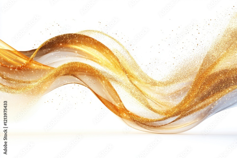 Poster golden waves flowing over a white background with glittering particles. generative ai