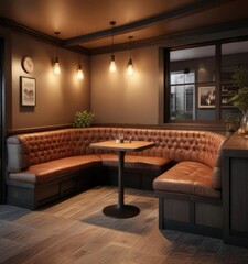 Fototapeta premium Cozy bar area with built-in banquette seating and side table, furniture, side table, seating