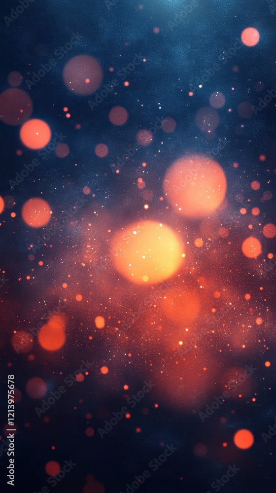 Poster abstract dark blue and orange bokeh particle background with glowing spheres.