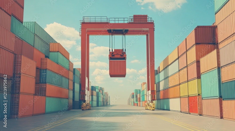 Poster gantry crane lifting shipping container between stacks