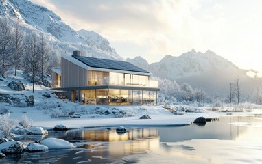 A modern Scandinavian eco-home with rooftop solar panels, surrounded by snowy mountains and a serene frozen lake reflecting the sunlight