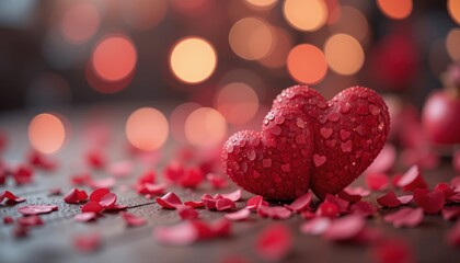 Romantic red hearts, petals, bokeh background, Valentine's Day