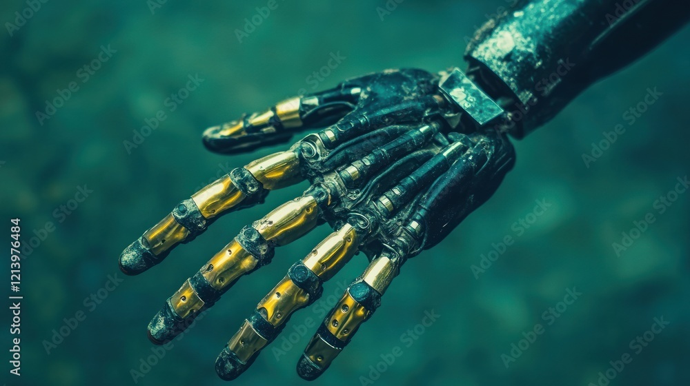 Aufkleber a weathered robotic hand reaches outward in a dark teal setting