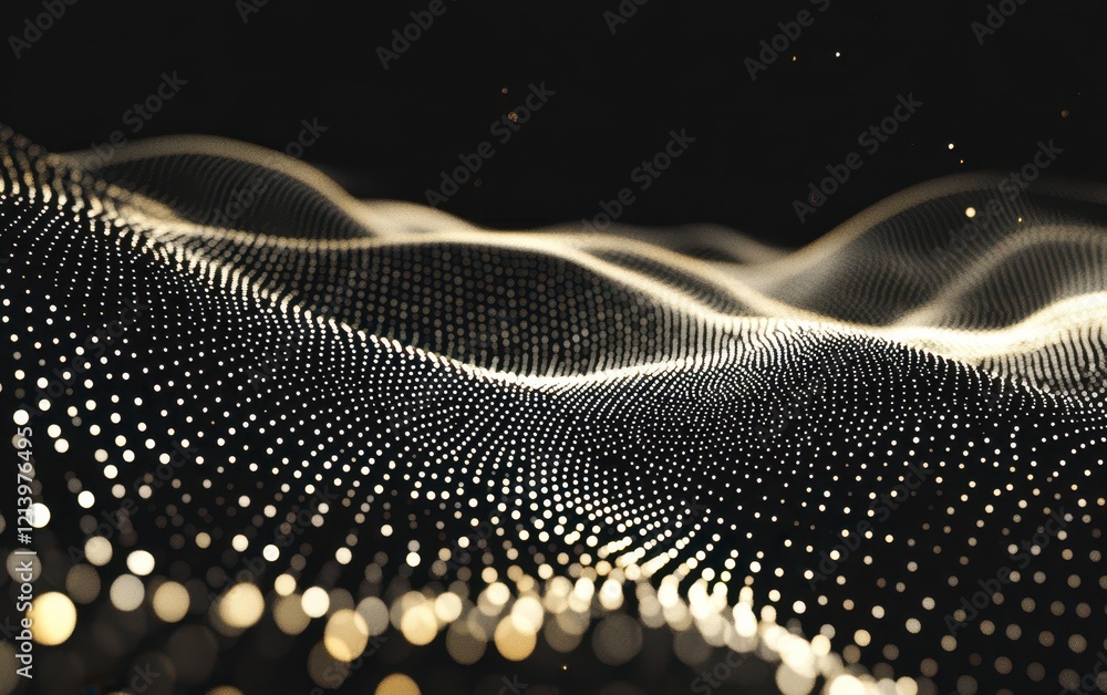 Poster abstract golden particle wave on black background with bokeh effects.