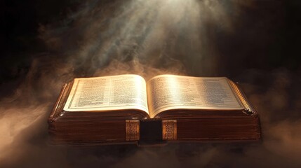 Open Holy Bible Under Dramatic Spotlight, Ancient Book With Golden Pages On Smokey Background