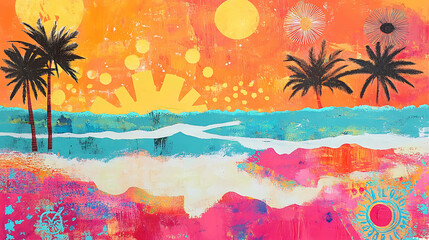 Rustic hippie beach scene with vibrant patterns