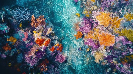 Fototapeta premium Vibrant Coral Reef Aerial View with Crystal Clear Turquoise Water and Colorful Fish.