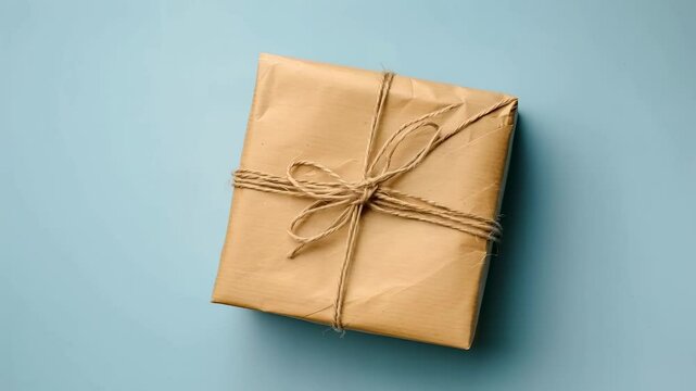 Charming Brown Gift Package Tied with Twine on Soft Blue Background