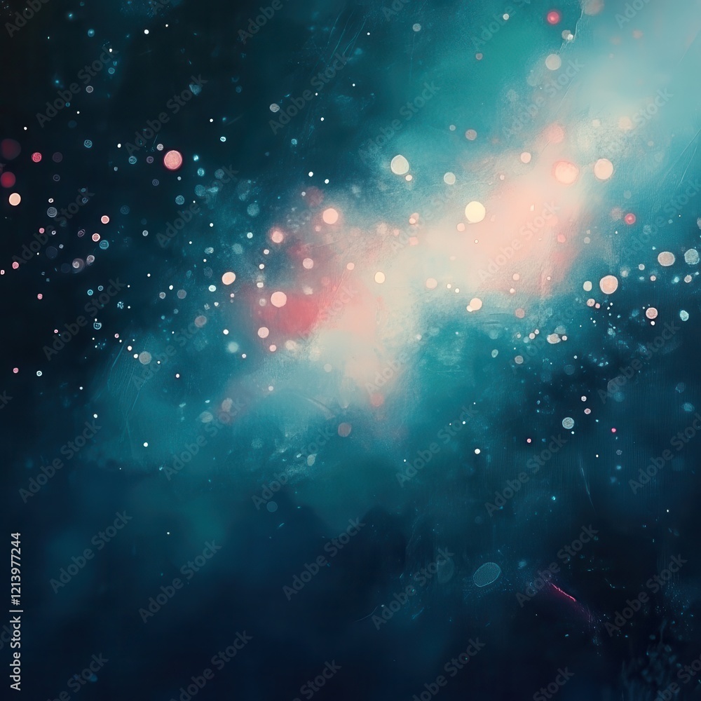 Poster abstract cosmic nebula with bokeh lights and deep teal background.