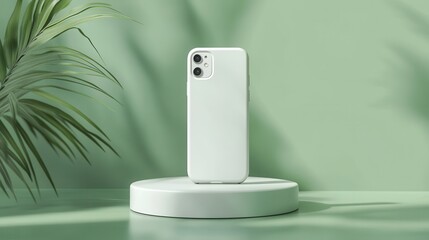 Minimalist White Smartphone Mockup on Pedestal with Tropical Palm Leaf and Green Background.