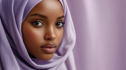 A young woman wearing a lavender hijab looks directly at the camera