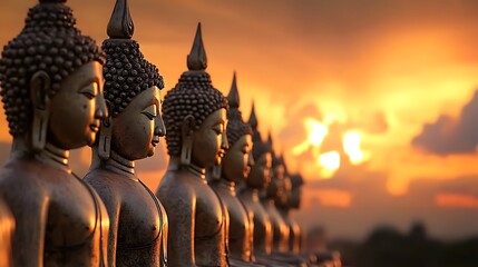 A row of Buddha statues with the setting sun casting golden light in southern Thailand