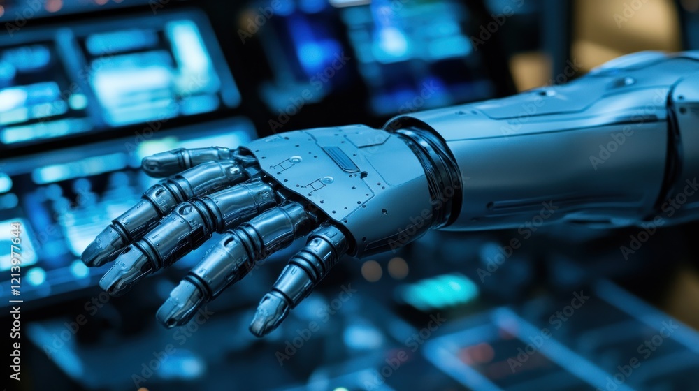 Poster robotic hand reaches towards digital interface