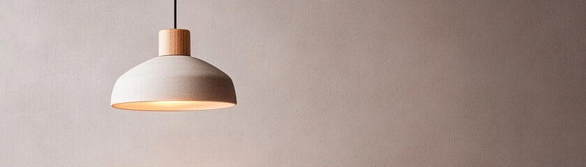 Fototapeta premium A sleek pendant light with a warm amber glow hangs from the ceiling against a muted gray wall. The minimalistic design enhances the cozy atmosphere while leaving space for text