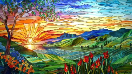 Stained glass Colorful landscape with a vibrant rainbow and blooming flowers in a bright sun