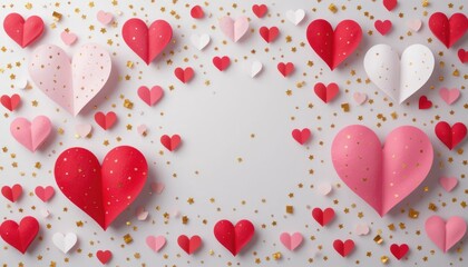 Festive paper hearts, confetti, white background, Valentine's Day card
