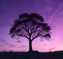 Tree silhouette against purple and blue gradient sky at dusk, peaceful, gradient