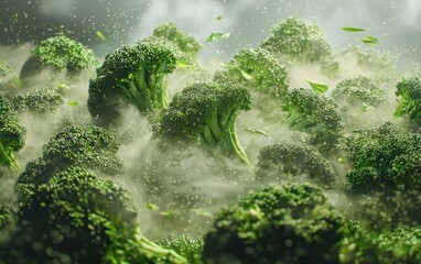 Broccoli florets flying with fresh green mist.