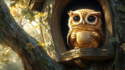 Cheerful Cartoon Owl Enjoying a Cozy Teatime Moment in a Hand Painted Treehouse
