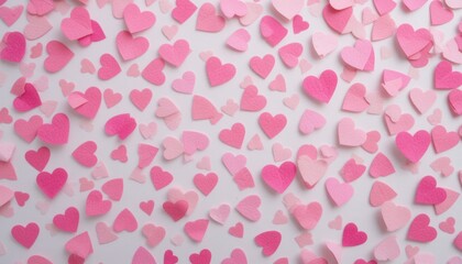 Pink paper hearts scattered on white background, Valentine's Day, romantic, flatlay, design
