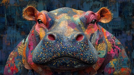 Playful, Textured pattern, a hippopotamus designed with engaging textures and lively patterns, creating a fun and visually appealing depiction.