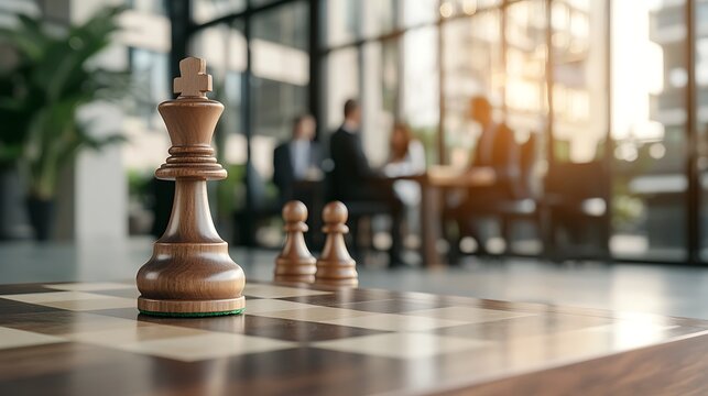 Chess pieces on board, business meeting background, strategy concept