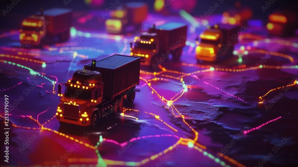 Poster illuminated trucks navigate neon route map