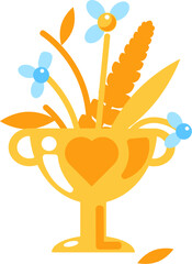 Vector graphic illustration of bouquet of autumnal flowers in a vibrant solid cartoon style. The bouquet is housed within a golden goblet. Fleeting nature of beauty, sadness or nostalgia. Bright autum