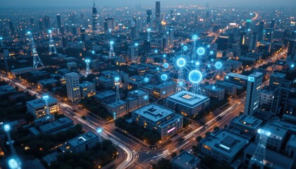 Night city aerial view, network connectivity, futuristic urban landscape