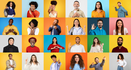 A vibrant collection of happy people from various backgrounds engaging in joyful interactions. This collage captures a sense of community and celebration in a colorful setting.
