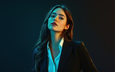 A portrait of a woman in a stylish business ensemble, on a gradient black-to-blue backdrop for a sophisticated look