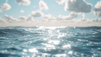 Serene Ocean Surface with Sunlight Reflections and Clouds.