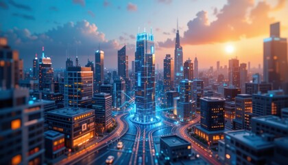 Obraz premium Futuristic city intersection at sunset with glowing network