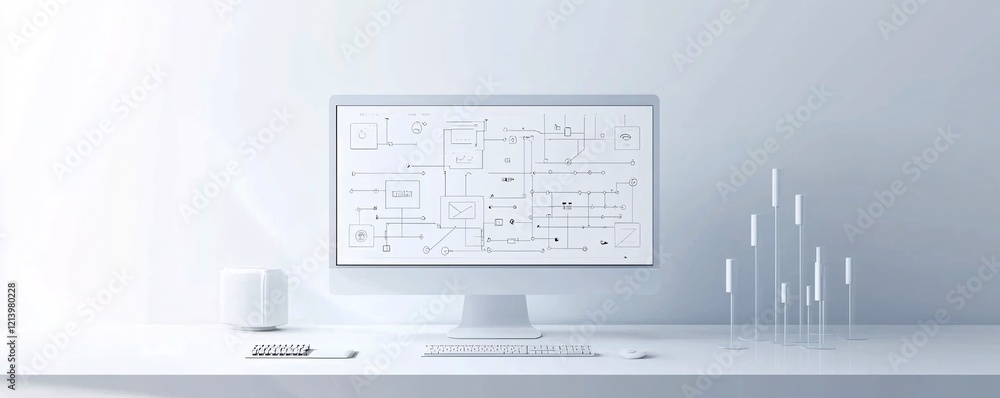 Poster a minimalist office with a computer screen displaying an intricate flowchart for media management.