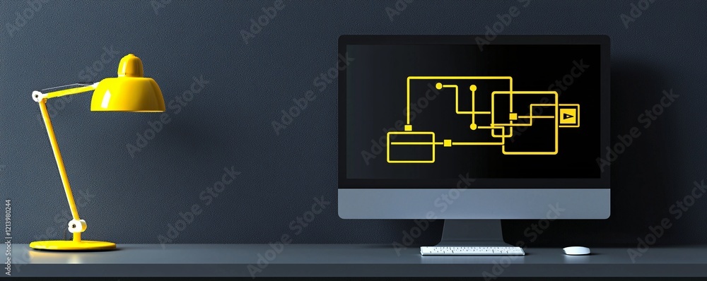 Poster a minimalist office with a computer screen displaying an intricate flowchart for media management.