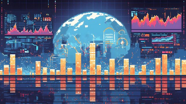 Pixel art of a stock market screen, with colorful graphs, charts, and animated dollar signs evoking retro gaming style