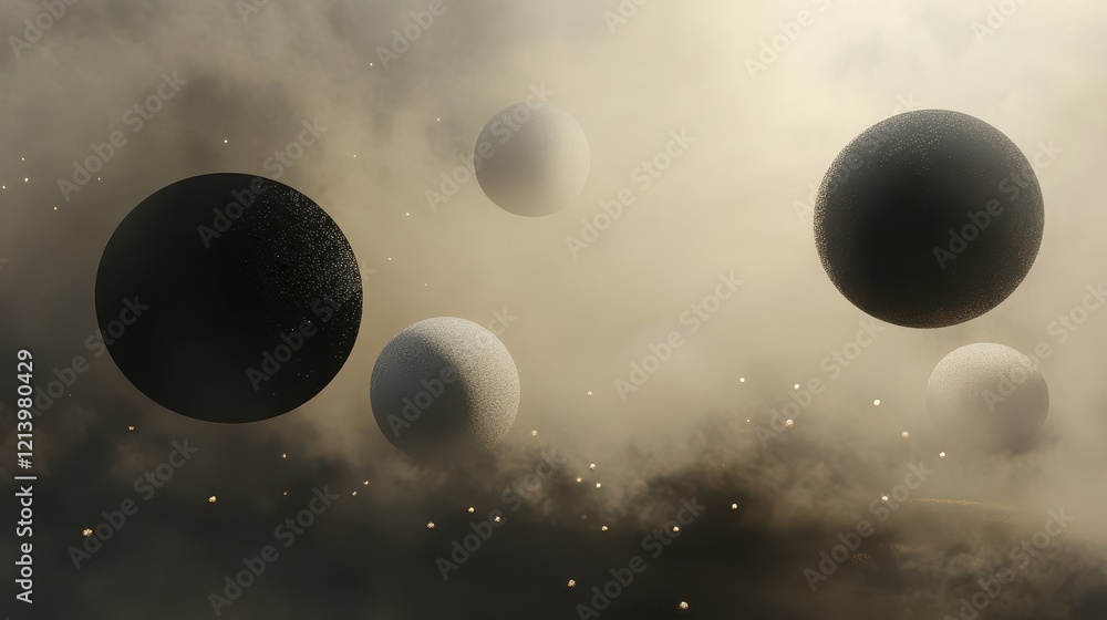 Poster abstract spheres floating in ethereal fog with distant lights, dreamlike 3d render.