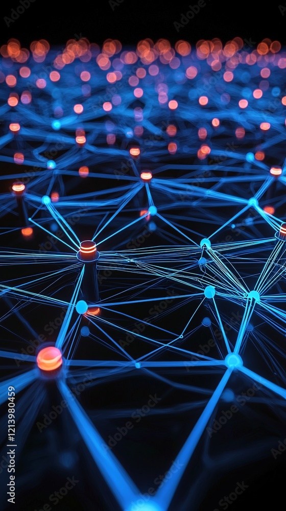 Poster a network of glowing data nodes on a dark background, representing seamless media processing and tra