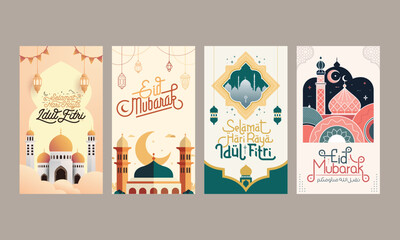 Eid mubarak social media post template with the Arabic calligraphy means Happy eid and Translation from arabic: may Allah always give us goodness throughout the year and forever