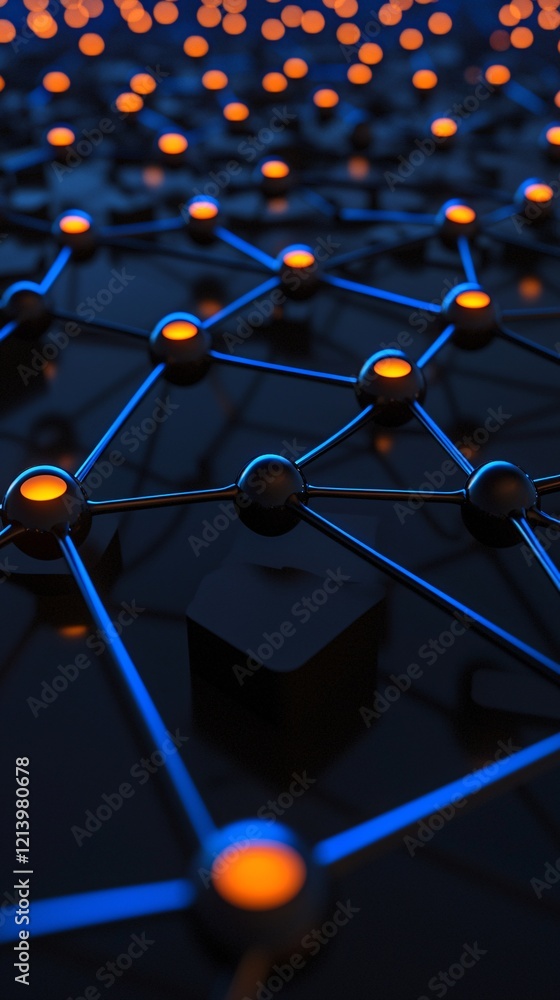 Poster a network of glowing data nodes on a dark background, representing seamless media processing and tra