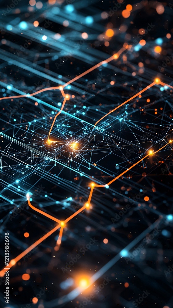 Poster a network of glowing data nodes on a dark background, representing seamless media processing and tra