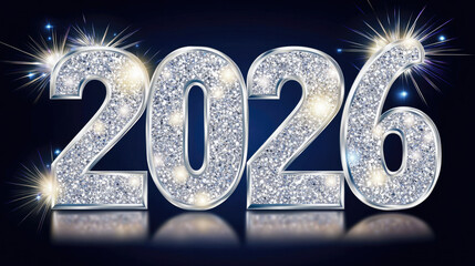 Stunning 3D Silver “2026” with Glitter on Dark Blue, Ideal Vector for New Year Greetings, Banners in Ultra-High Def, Stock Style.