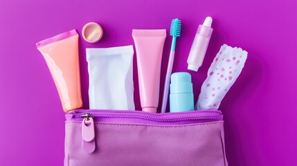 Purple bag, hygiene products, purple background, flatlay, feminine care